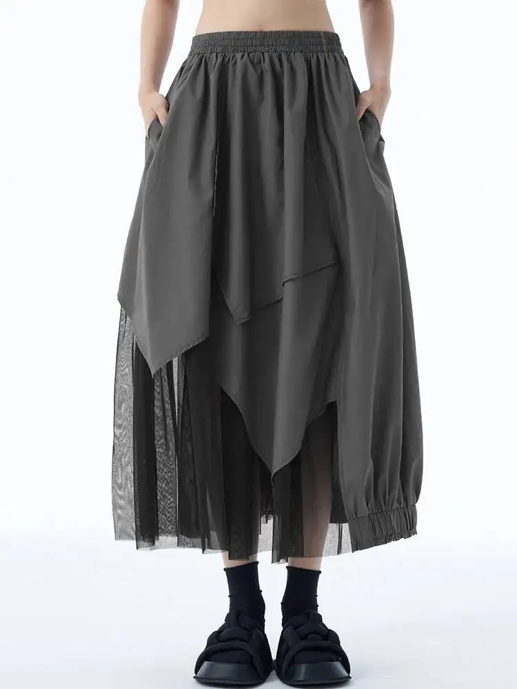 

High Elastic Waist Dark Gray Mesh Irregular A-line Half-body Skirt Women Fashion Tide New Spring Autumn