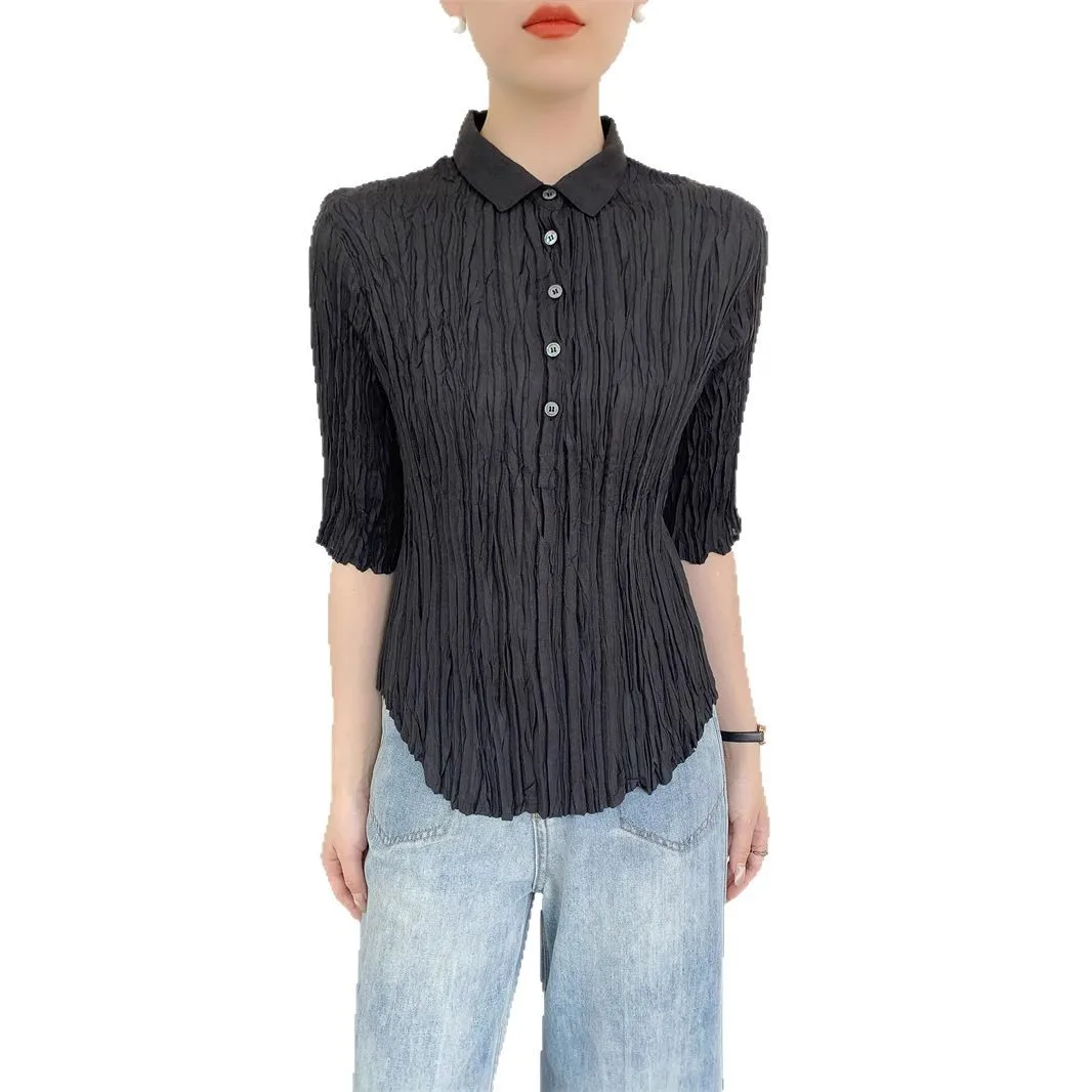 Miyake Handmade Messy Pleated Hundred Koszula damska Średnie rękawy Slim Temperament Solidna cienka koszula Design 2025 Lato Nowość