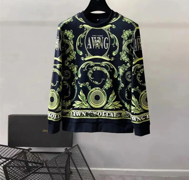 Europe and the United States men's 2024 winter new Long sleeve round neck green court print Fashion hoodie