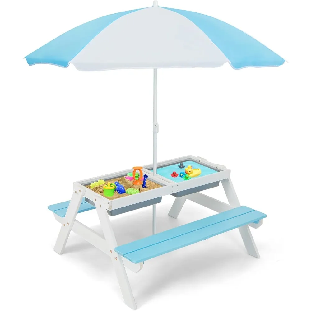 

Kids Picnic Table, Table w/ 2 Removable Box & Umbrella, Kids Picnic Tables for Outdoors Backyard Garden