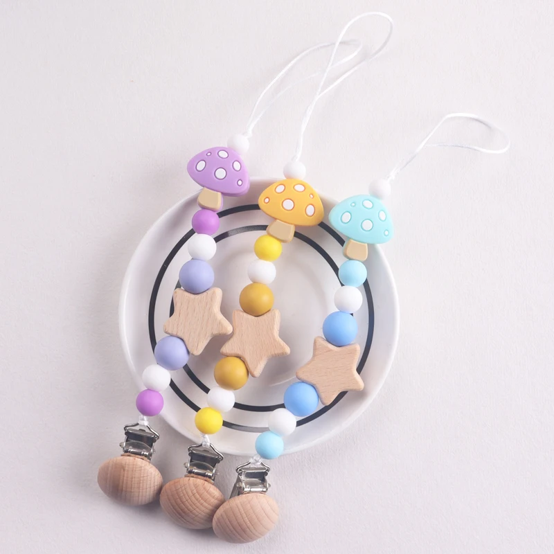

Baby Beech Wood Pacifier Silicone Mushroom Beaded Nipple Clips For Soother Pacifier Holder Chain Nursing Toy Shower Gift