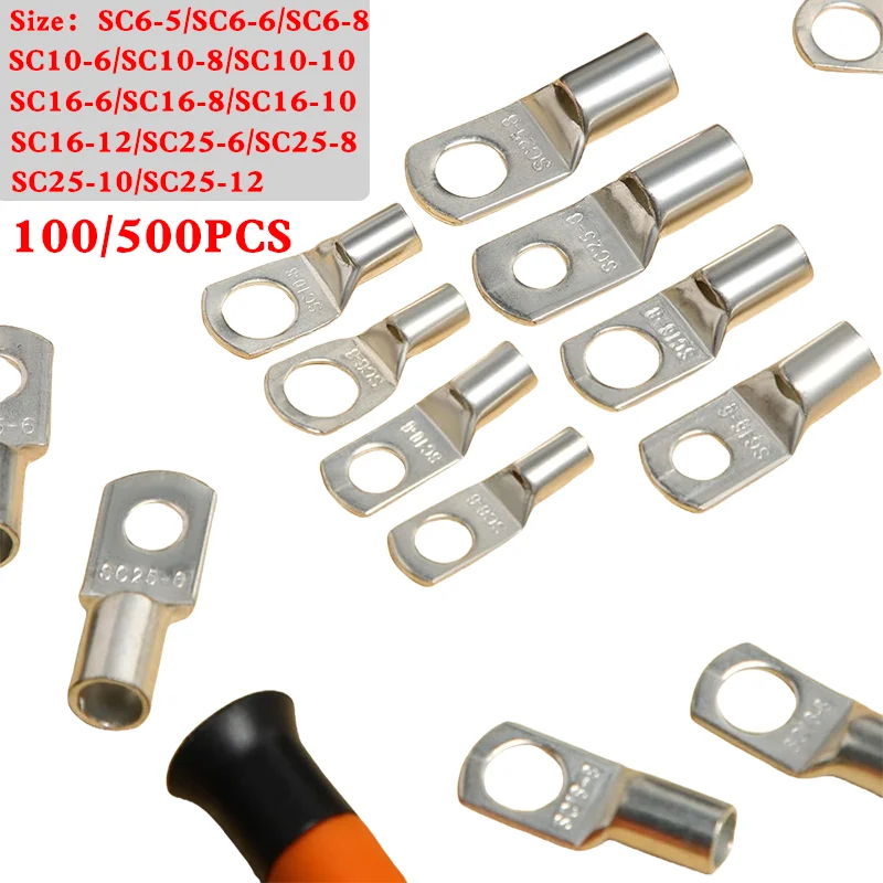 100/500pcs Copper Lug Ring Wire Connectors Bare Cable Electric Crimp Terminal SC6-6 SC6-8 SC10-6 SC10-8 SC16-6 SC16-8 SC25-6