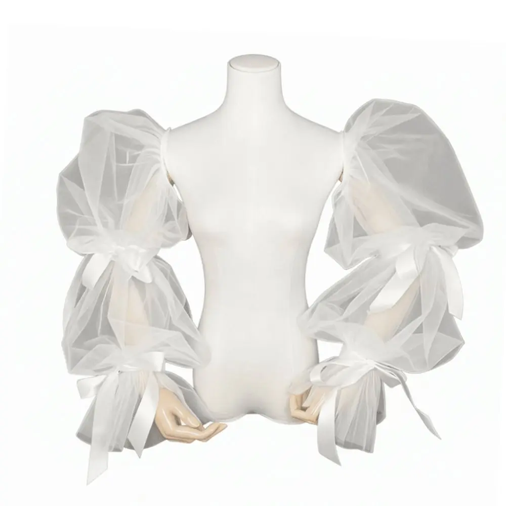 Gauze Ruffled White Arm Sleeves Fairy Sleeves Bowknot Bubble Sleeves Puffy Detachable Long Arm Covers Banquet