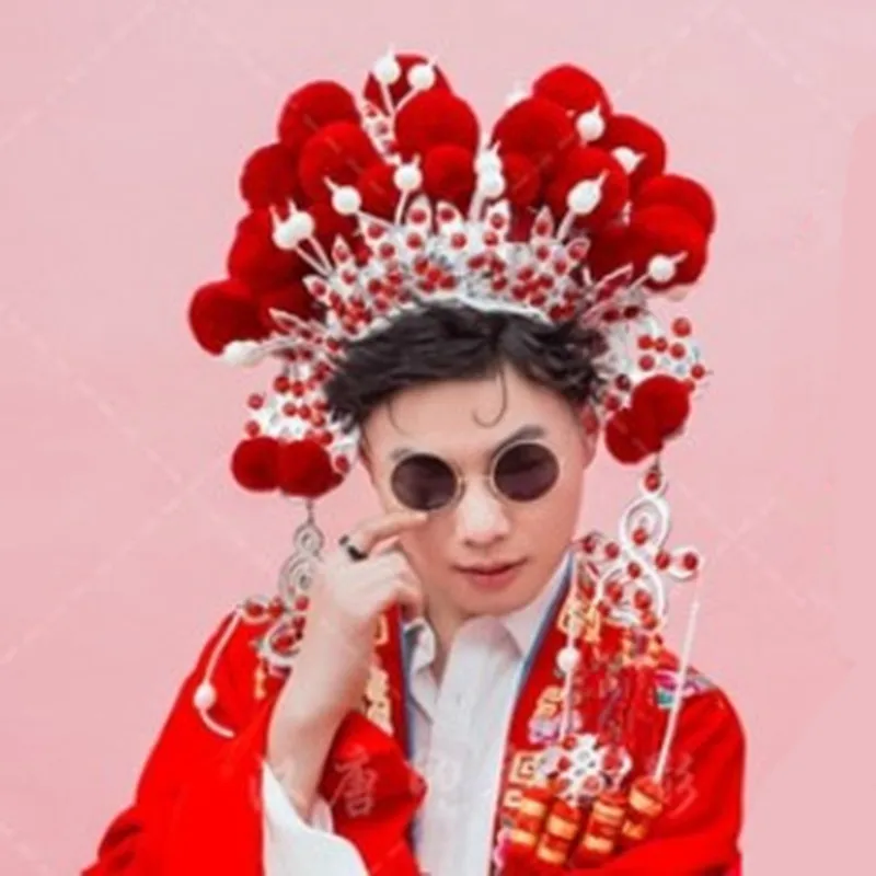 Adults Chinese Opera Hat Opera Cosplay Headwear Drama Queen Hat With Pompom Funny Festival Headdress Wedding Bride Crown