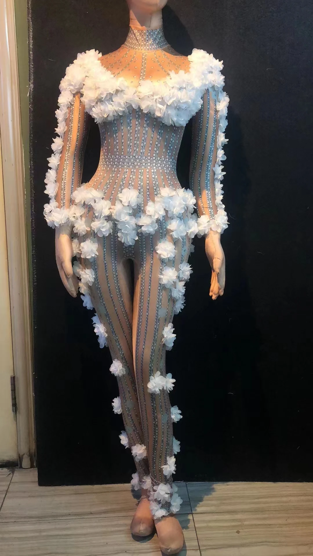 مثير دي الوردي زهرة بلورات ارتداءها زي قطعة واحدة مساء بذلة احتفال ملابس الحفلات المغني مرحلة الأداء ClothingB070