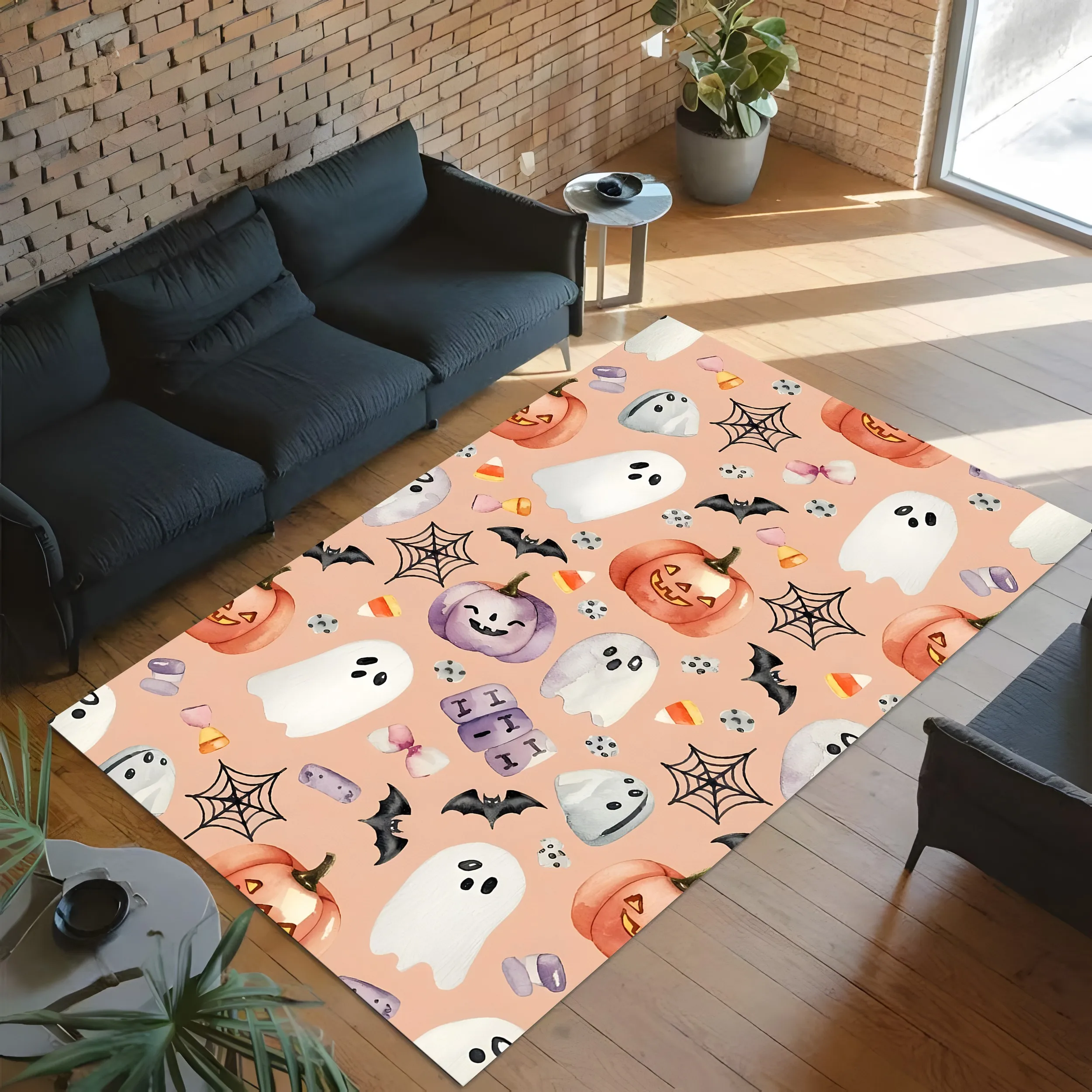 2D Carpet Pumpkin Ghost Bat Prints Playful Watercolor Style Exuding Cute Lively Halloween Atmosphere