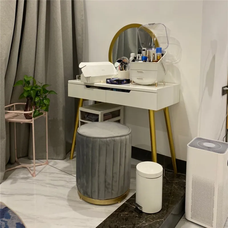 

Dresser Stools Home Velet Round Stools Pouf Small Sofa Shoe Shop Changing Shoes Bench Ottoman 45*38cm Simple Vanity Chair