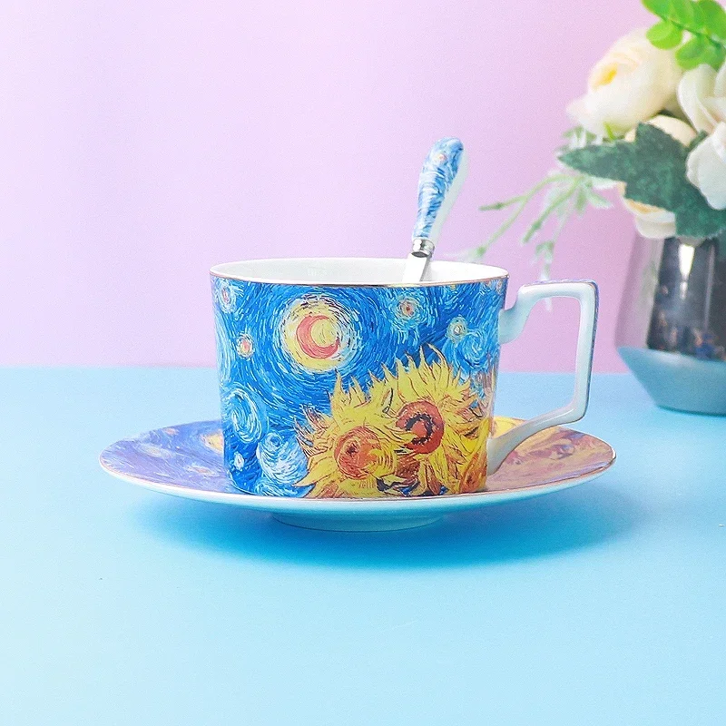 Van Gogh Pastoral Style European High-End Bone China Coffee Cup Suit British Afternoon Tea Cup Light Luxury Exquisite Designer