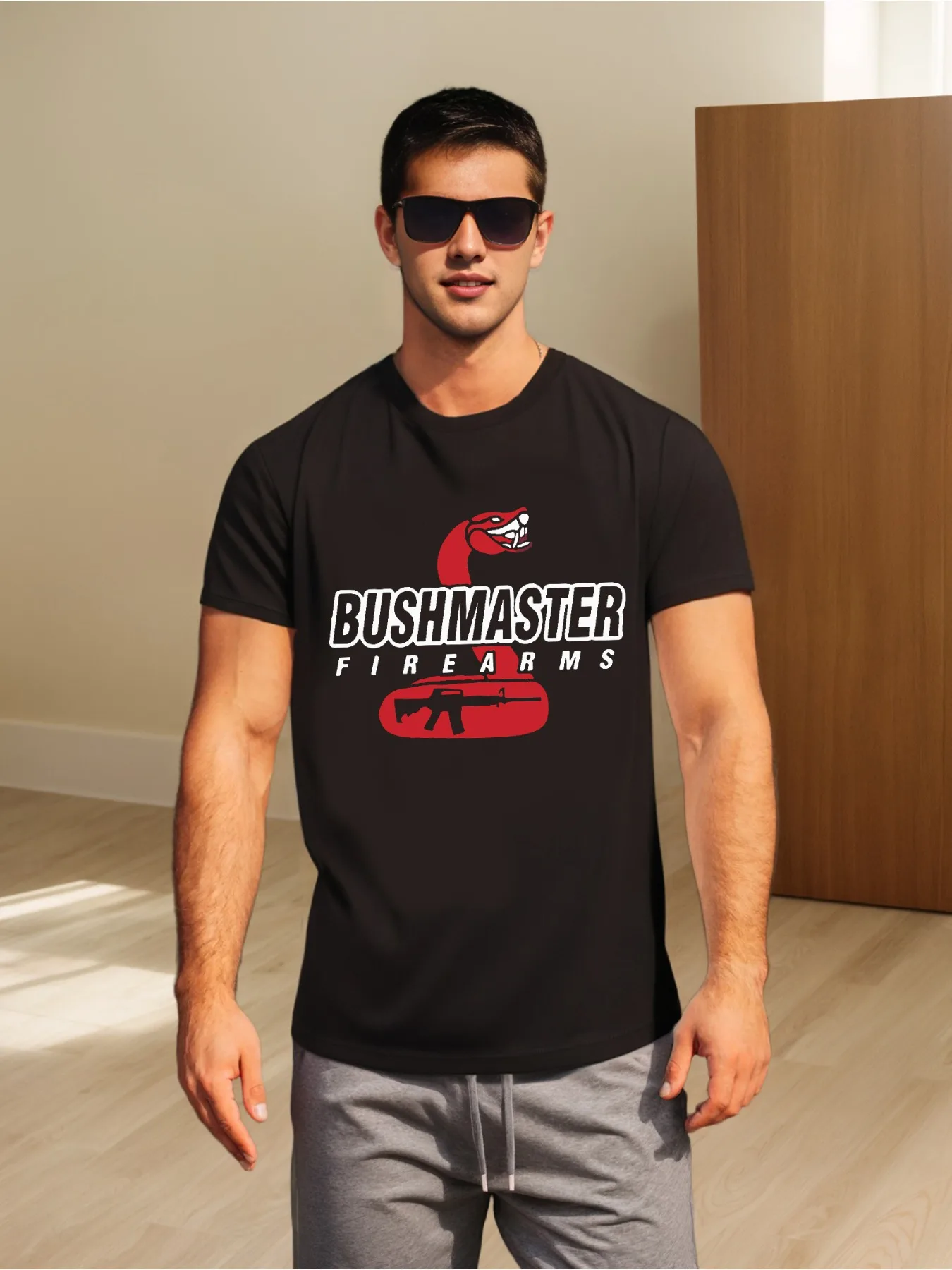 

Bushmaster Firearms Graphic Tee - Men's Cotton Blend, Short-Sleeve T-Shirt with Unique Snake & Gun Design, Casual Streetwear