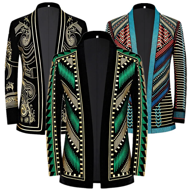 

Luxury Embroidery Stand Collar Suit Men Slim Fit Cardigan Jacket Host Singer Stage Performance Dress Wedding Blazers