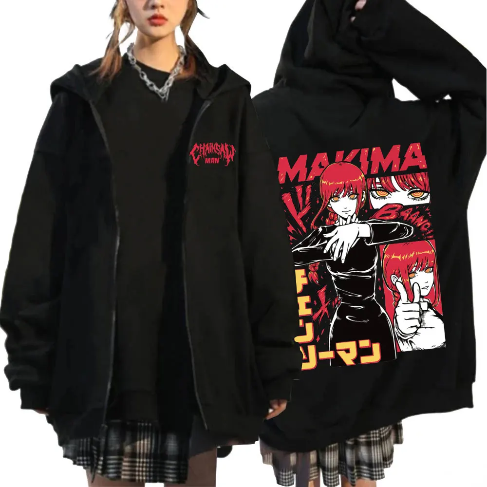 Japan Anime Chainsaw Man Hooded Makima Funny Print Men Women Zip Up Hoodies Plus Size Sweatshirt Harajuku Warm Zipper Jacket