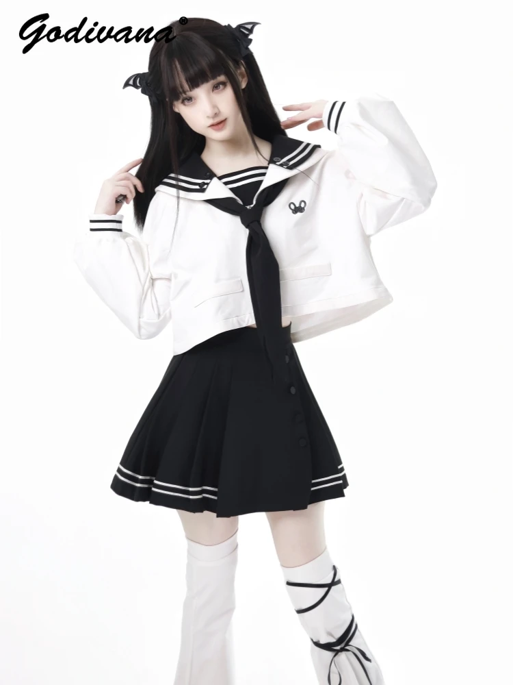 New Spring and Autumn Girls Sailor Collar Long Sleeve Academy Uniform Shirt Pleated Short Skirt 2 Piece Set Female Skirt Suits