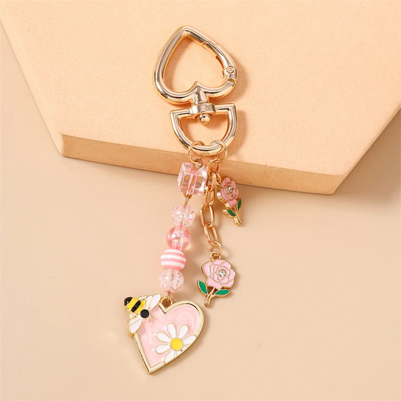 Aihua Niedlicher Hübscher Rosen-Blumen-Herz-Schlüsselanhänger für Frauen Mädchen Blumen-Bienen-Herzen Schlüsselringe Handtaschenanhänger Geburtstag Schmuck Geschenke – Detail 6