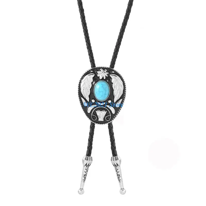 

G5GC Punk Western Cowboy Bolo Tie Stone Flower Necktie Necklace Costume Accessory