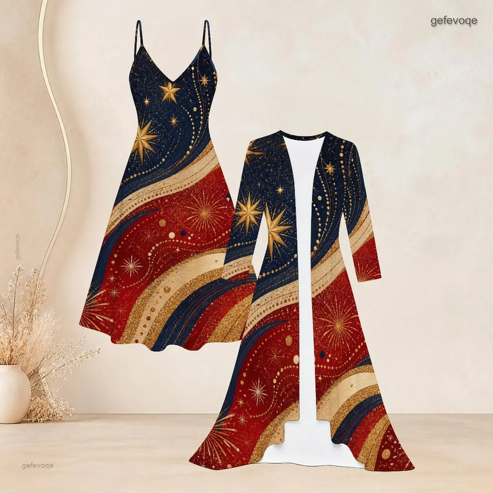 Women Navy Blue Red Gold Star Firework Swirl Printed Strappy Dress and Long Cardigan Two Piece Set