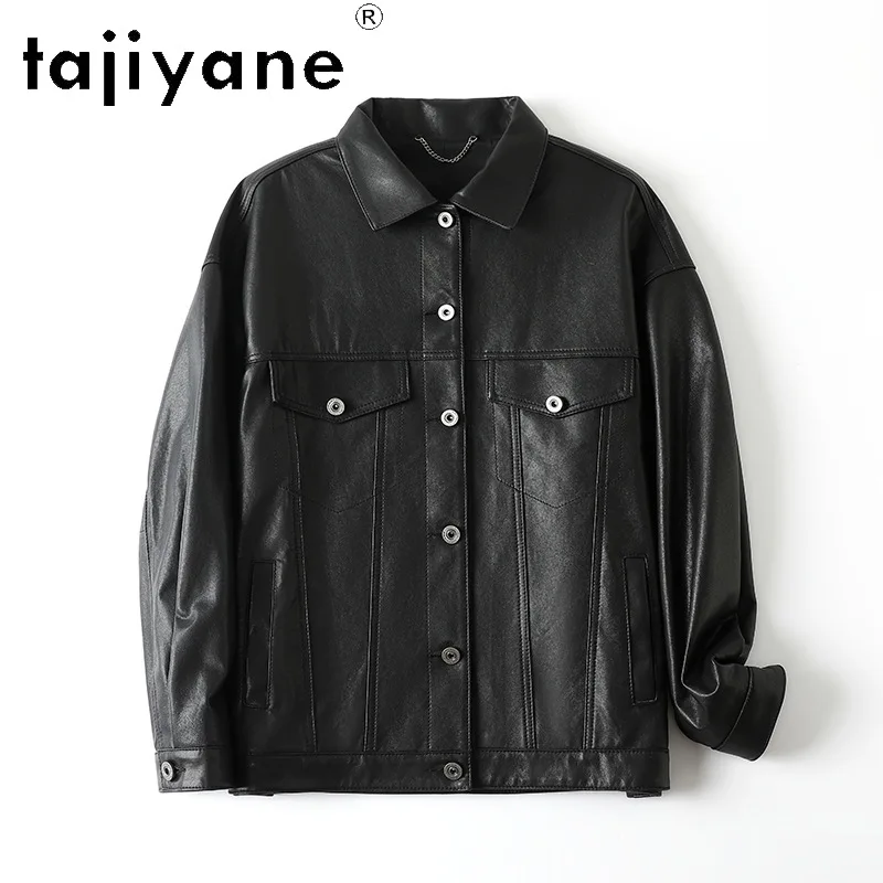 TAJIYANE Genuine Leather Jacket Women Vintage Outerwear Vegetable Tanned Sheepskin Jackets Back Printed Leather Coat Дубленка