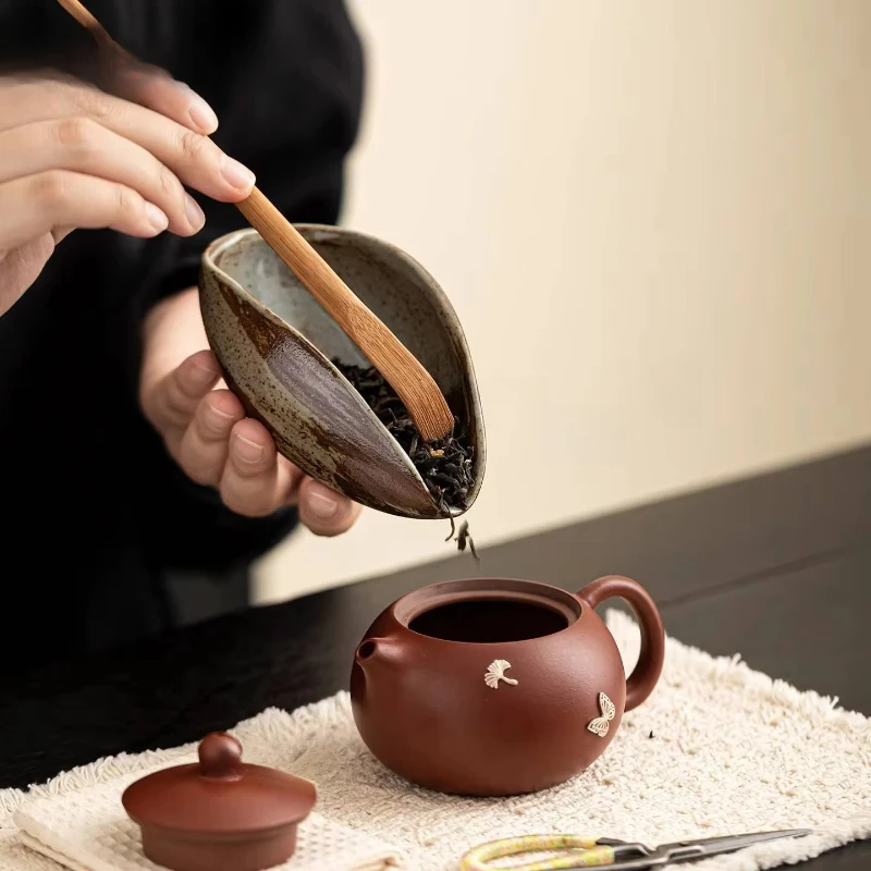 Gilt Burning Crude Pottery Tea Scoop Vintage Tea Leaf Holder Shovel Chahe Awakening Tea Ladle Oolong Tea Teaset Equipment Craft