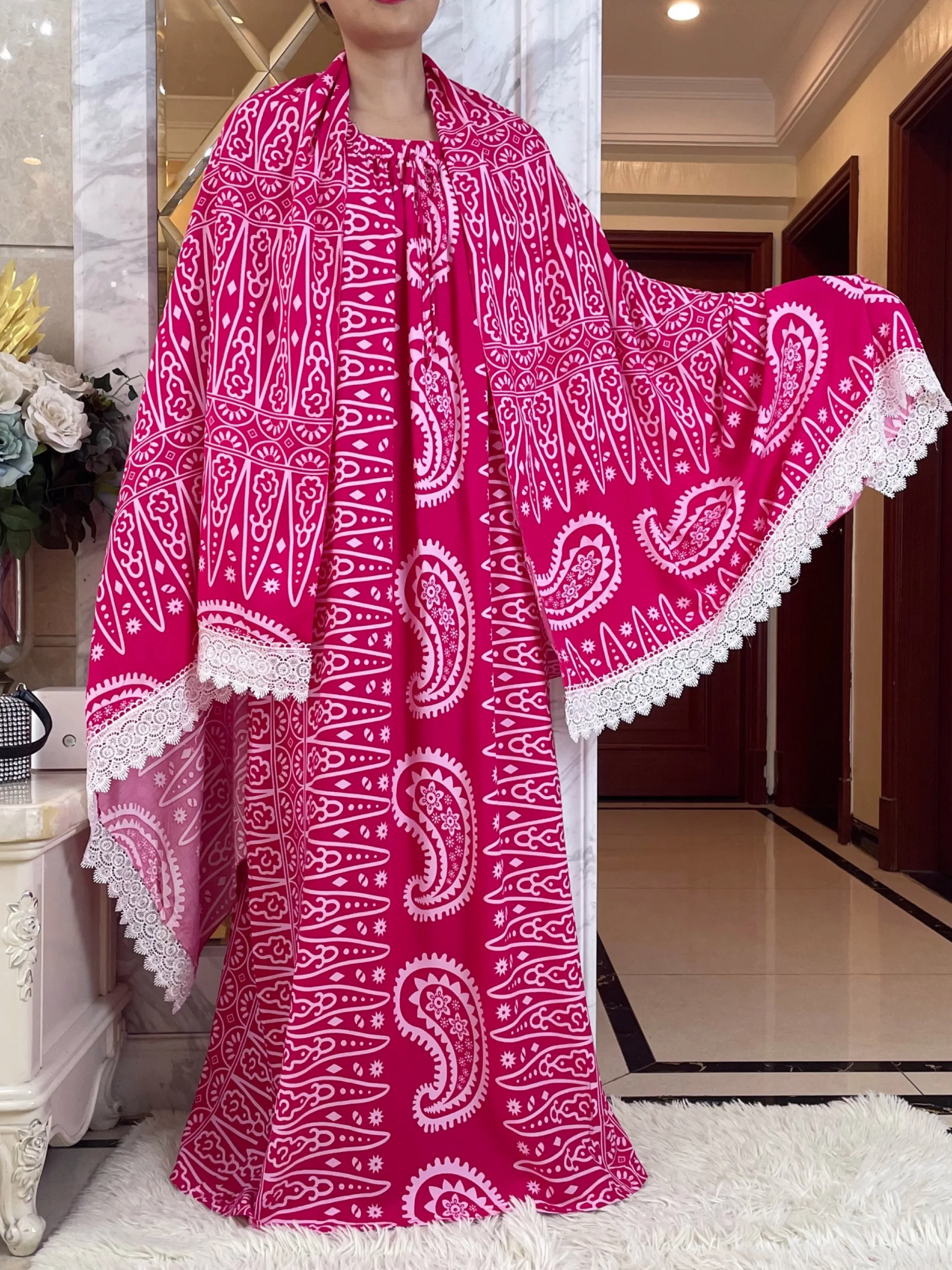 Autumn Party Dubai Short Sleeve African Women Dresses  With Big Scarf  Printing  Cotton Elegant Summer Maxi Casual Loose Abaya