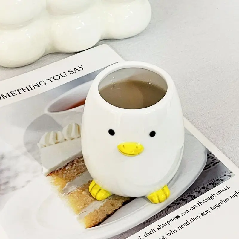 3D Duck Cute Creative Ceramic Mug, 350ML Office Home Handless Coffee Cups with Spoon Simple Cup Drinkware