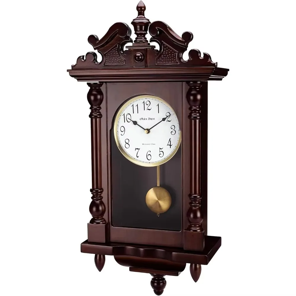 Wall Clock with Real Wood, 4 Chime Options, Swinging Pendulum, Antique Vintage Design, 22