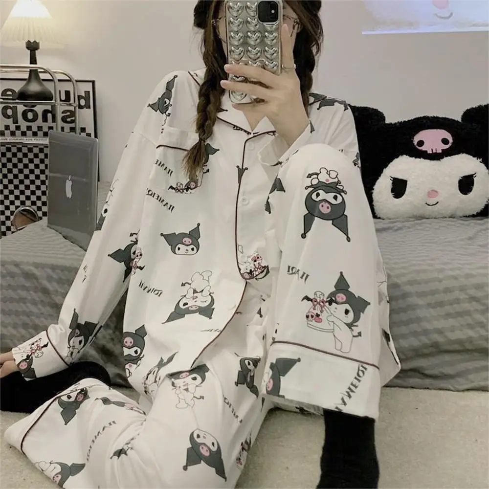 Kawaii Cute Girls Cotton Pajamas Suit Sanrios Kuromi Cartoon Spring Casual Home Wear Anime Comfortable Long-Sleeved Nightclothes