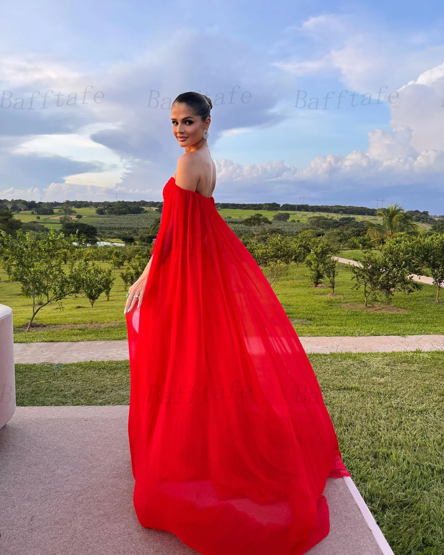 Bafftafe Red Chiffon Formal Prom Dresses Off Shoulder Long Sleeves Special Occasion Event Party Gowns Evening Dress Customized