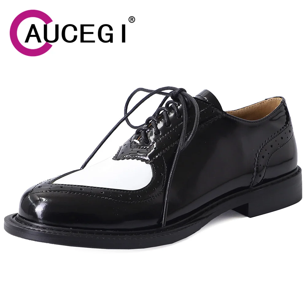 

Aucegi 2023 Autumn New Quality Leather Chunky Heel Pump Round Toe Designer Heart-Shaped Black White Lace Up Career Ladies Shoes