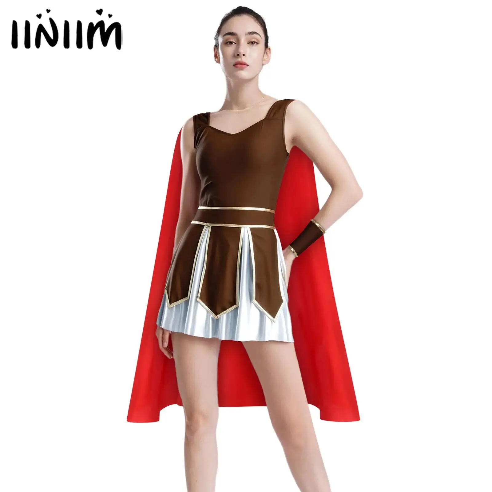 

Women Halloween Roman Gladiator Warrior Princess Carnival Dress Up Roman Solider Cosplay Costume Dress with Satin Cape And Cuffs