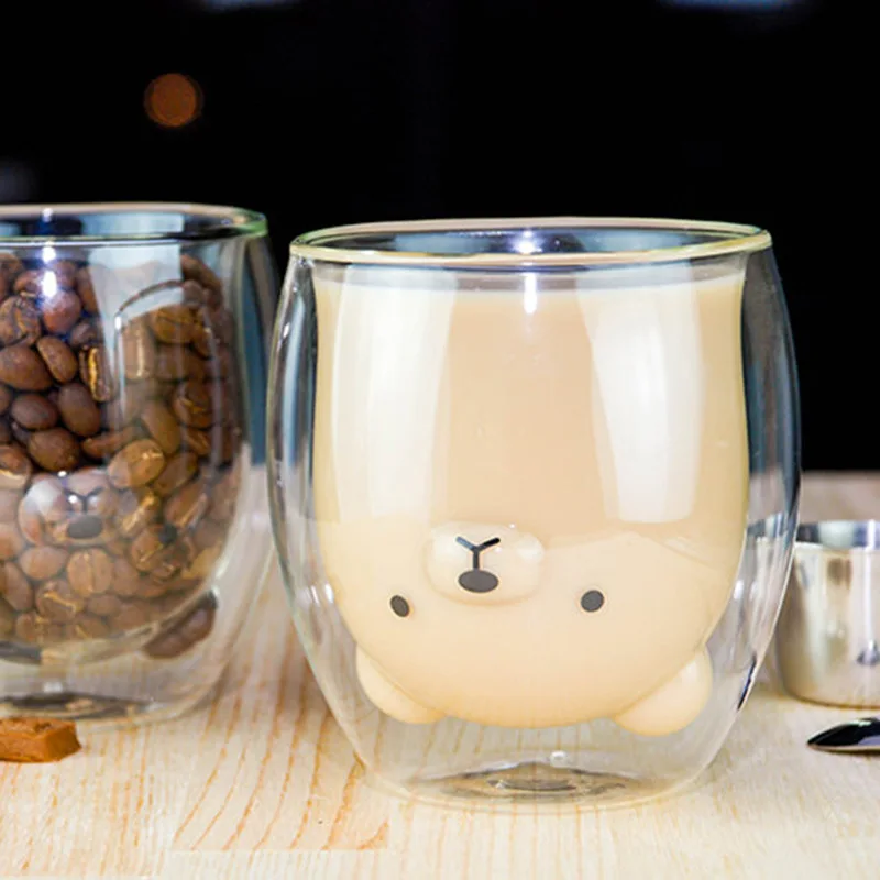 Double Glass Cup Qute Coffee Mug Bear Cat Dog Animal Transparent Cute Milk Juice Tea Drinking Cups Birthday Party Wine Glasses