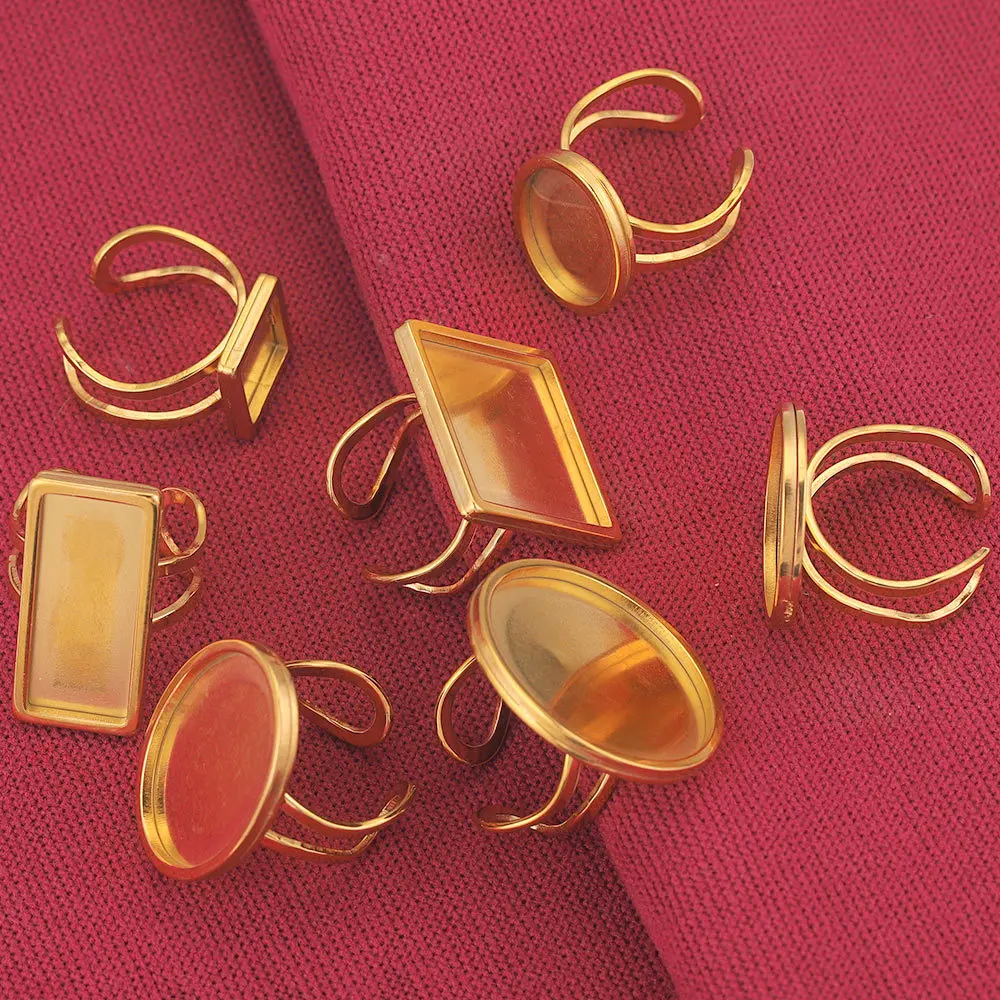 

2pcs Gold Color Stainless Steel Open Ring Set Flat Blank Base Large Round Oval Resin Cabochons Tray Ring Bezel Jewelry Making