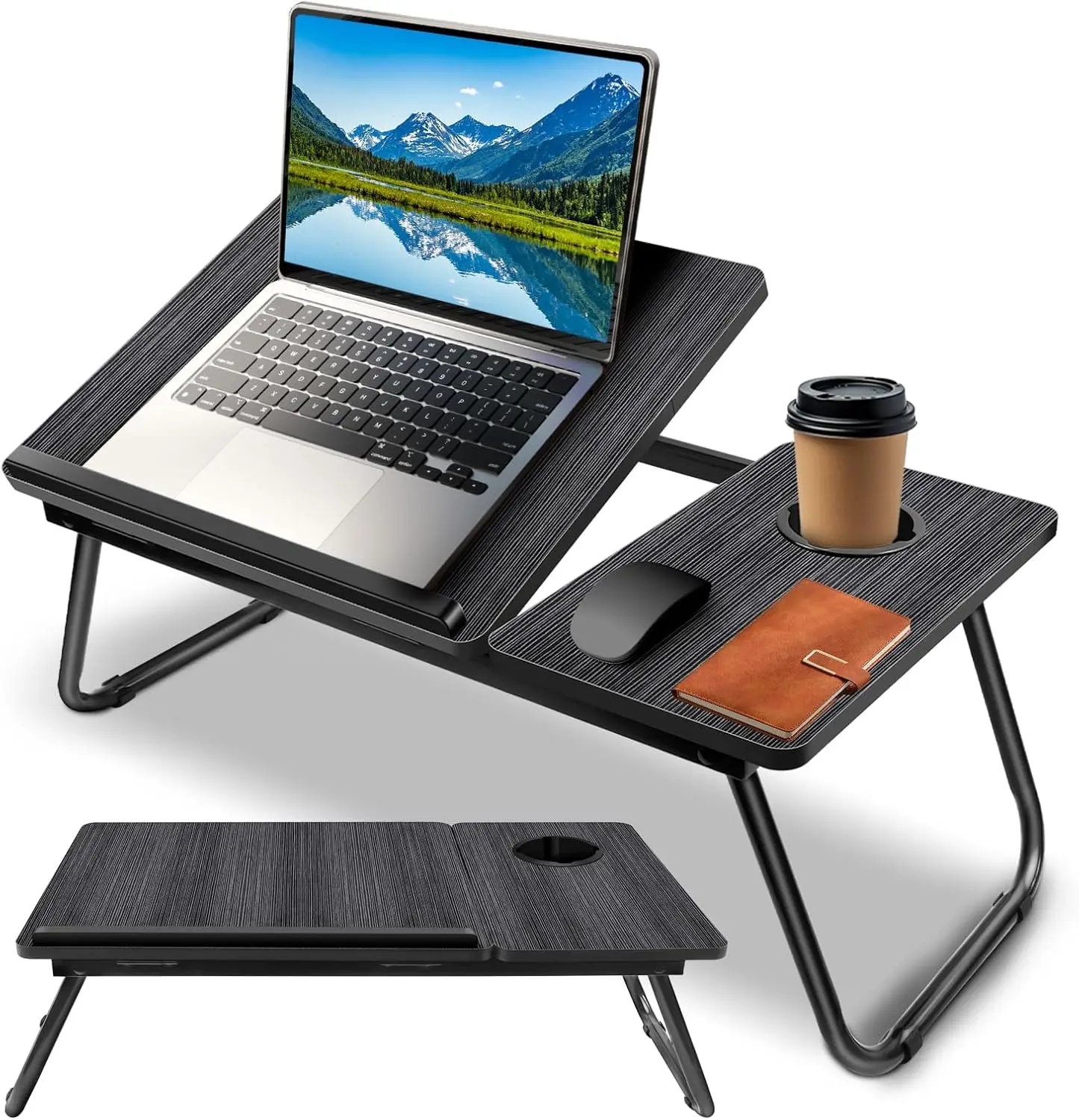 Table de lit pliable ordinateur portable 5 niveaux réglables emplacement gobelet et support lecture plateau petit déjeuner léger transportable multifonction pour lit canapé terrasse balcon maison bureau étude