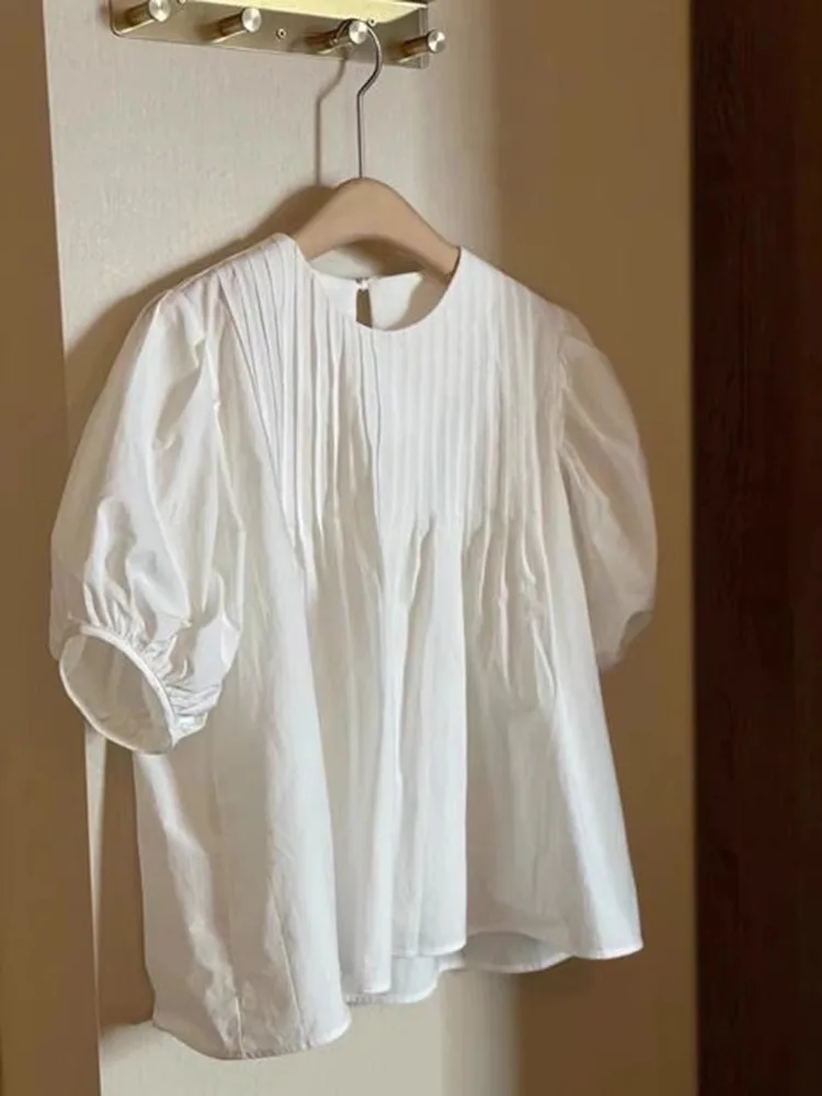 الأبيض جولة Ne مطوي فقاعة ort Sve irt المرأة الصيف رقيقة دمية irt فضفاض التخسيس رداء علوي غير رسمي تخفيف Sle