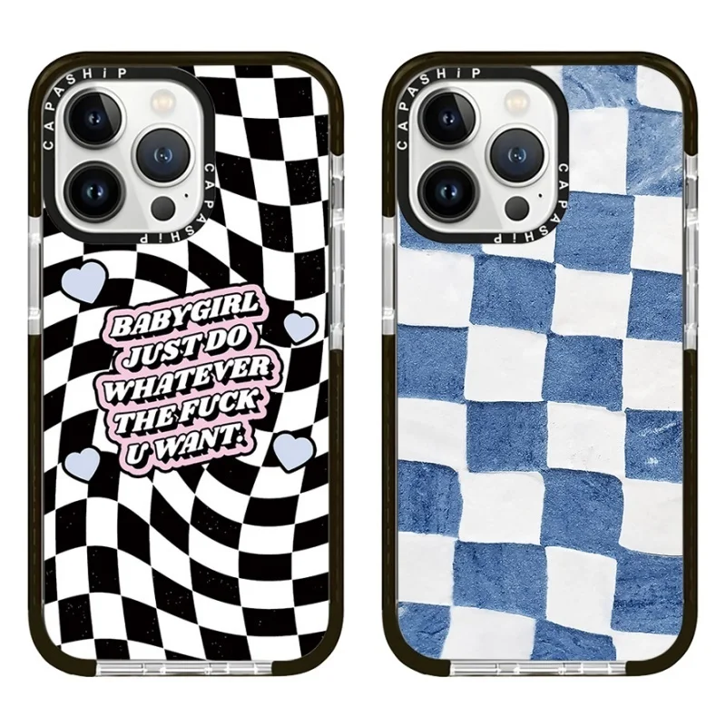 Contrast Checkerboard Hollow Out Heart Case For iPhone 15 14 13 12 11 Pro X XS XR Max 7 8 Plus SE Soft TPU Shockproof Back Cover