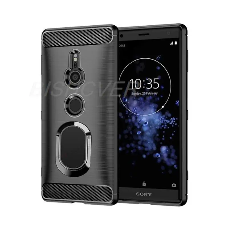 Dla Sony Xperia XZ2 Etui na telefon z miękkiego silikonu z szczotkowanego włókna węglowego dla Sony Xperia XZ2 Compact Magnetic Ring Stand Cover