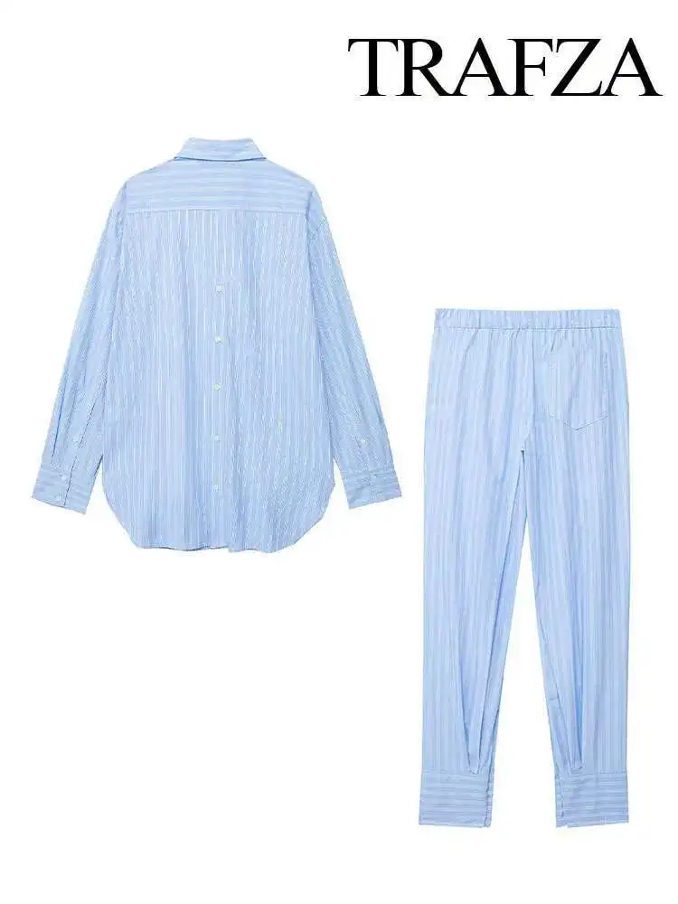 

New Women 2 Piece Set Elegant Chic Stripe Lapel Single-Breasted Long Sleeves Shirt+High Casual Elastic Waist Pant