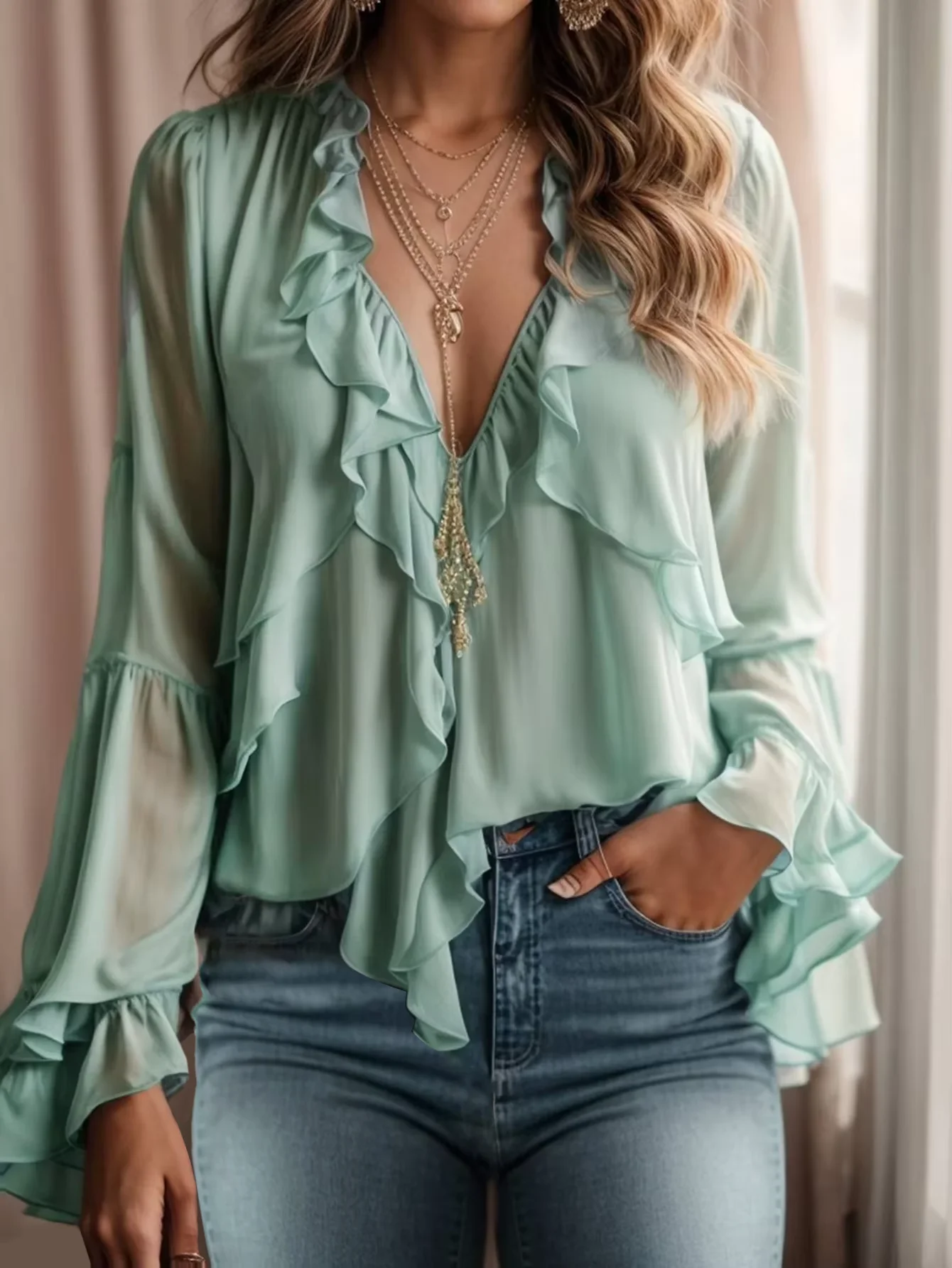 

Fashionable Summer Women's Shirt Elegant Cascading Ruffled Layered Sexy V-Neck Trumpet Sleeve Long Sleeve Women's Casual Shirt