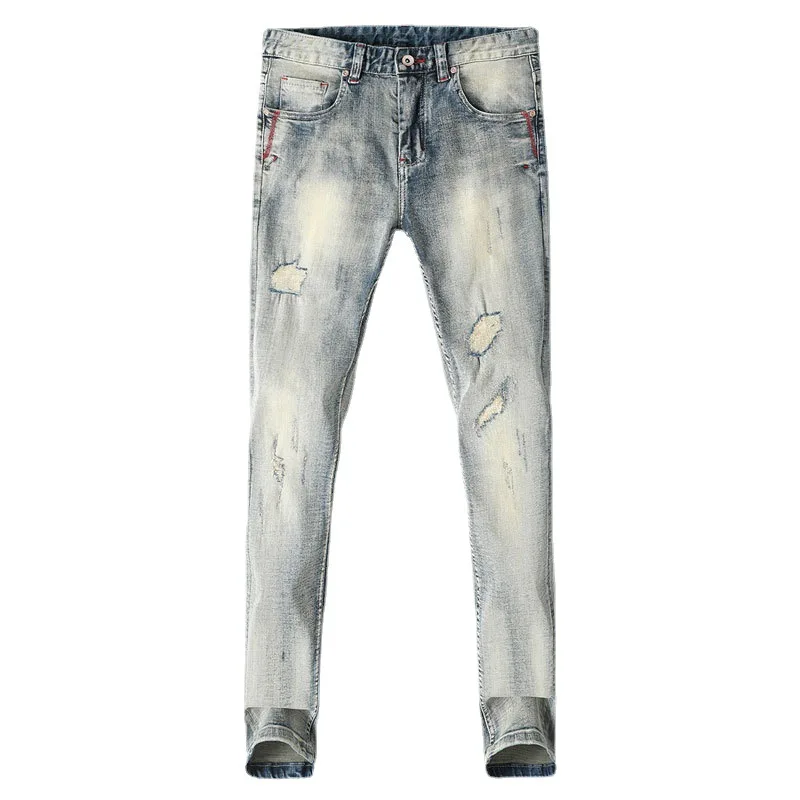 Italian Style Fashion Men Jeans Retro Yellow Blue Elastic Stretch Slim Ripped Jeans Men Patchwork Designer Vintage Denim Pants