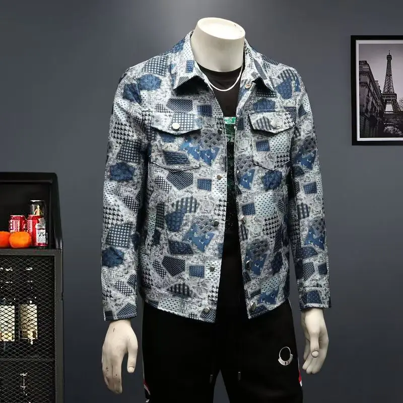 Spring Autumn High Quality Men\'s Fashion Casual Jacket Button Lapel Work Coat Jacquard pattern Plaid Tops Men Jackets