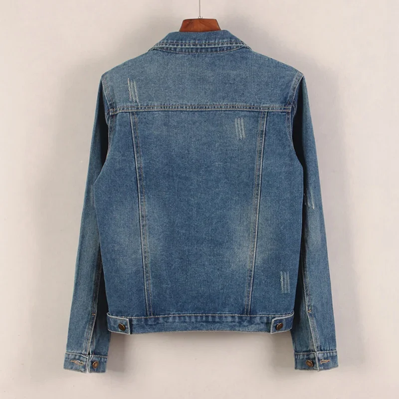 Spring Autumn Korean Frayed Burrs Dark Blue Slim Short Jeans Jacket Women Turndown Collar Long Sleeve Denim Jacket Basic Coat