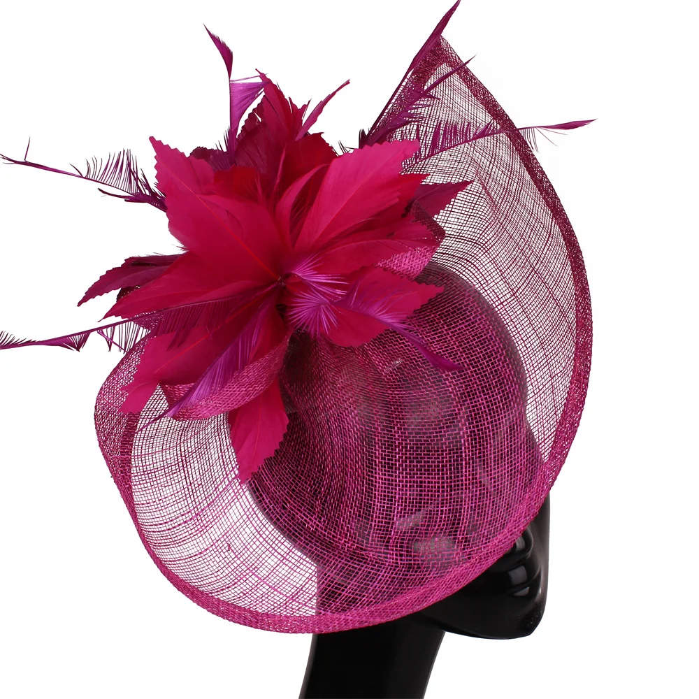 Sombreros Sinamay de plumas de fantasía fucsia para mujer, tocado de boda con pinzas para el cabello, accesorios para el cabello de fiesta encantadores, diademas