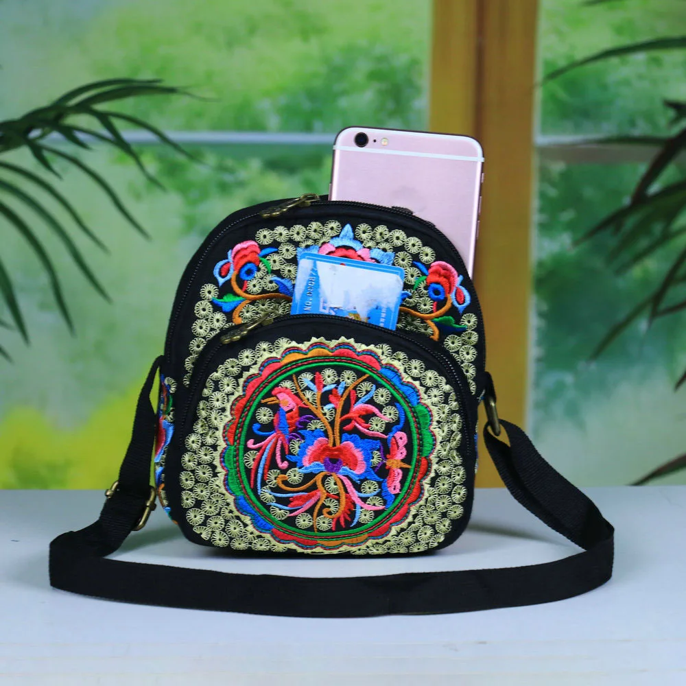 Bohemian Embroidered Flower Mobile Phone Bag, Women\'s Cross-body Bag, Three-layer Zipper, Retro Fashion Horizontal Shoulder Coin Bag