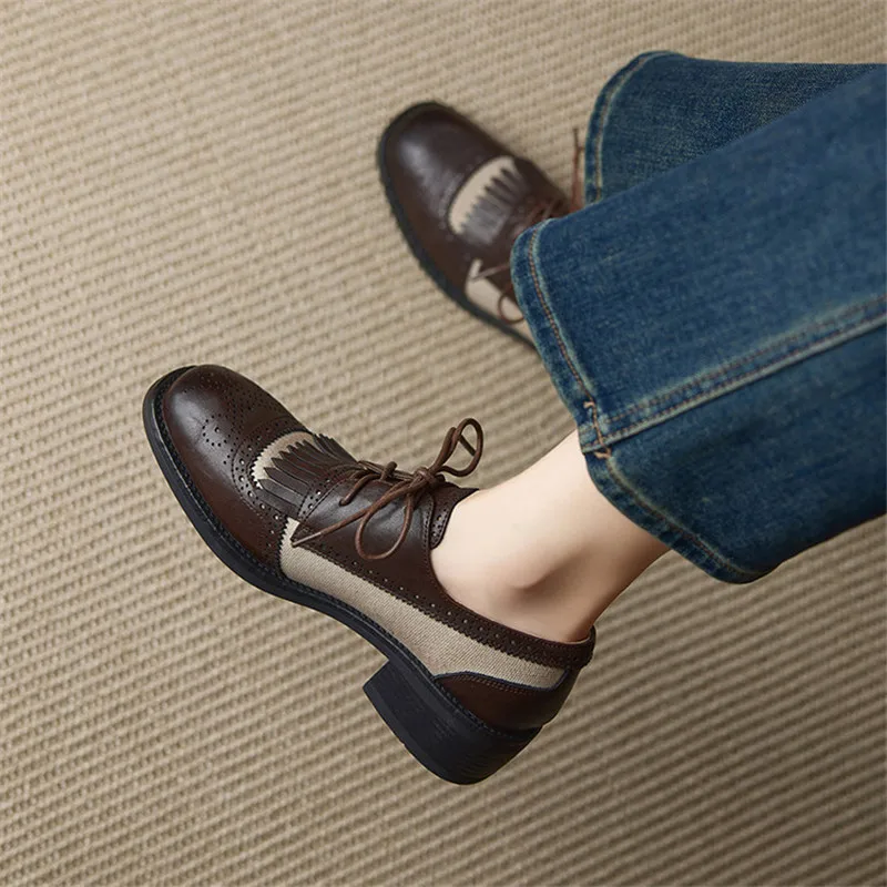 New Spring/autumn Cow Leather Women Shoes Round Toe Loafers Shoes for Women Fashion Mixed Color Women Pumps Lace-up Chunky Heels