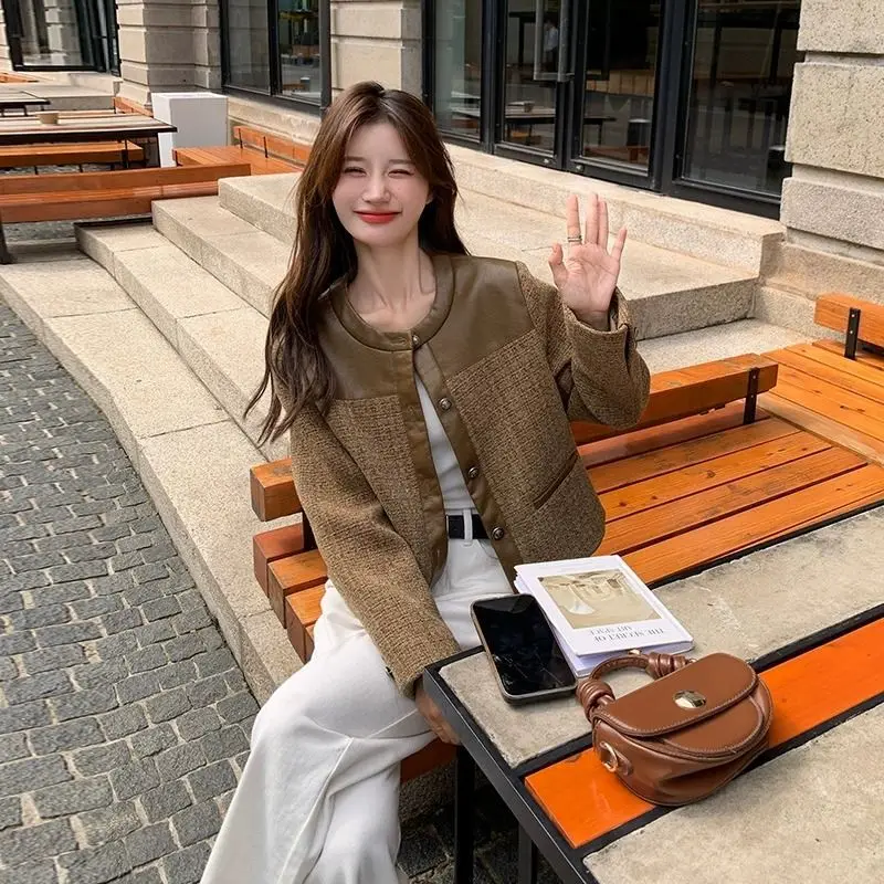 Trend Tweed Jacket Women Cropped Top Patchwork Vintage Spring Autumn Coat Long Sleeves High-quality Outerwear Design Streetwear