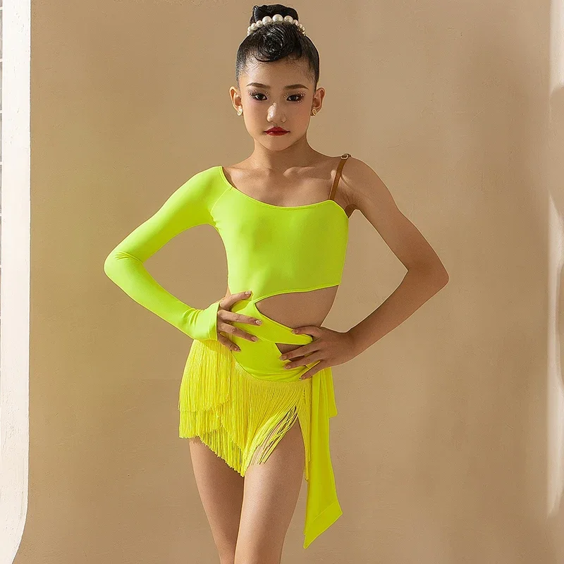 New Kids Latin Dance Dress Girls Irregular Fluorescent Yellow Black Tassel Dress Cha Cha Rumba Samba Competition Dress BL11329