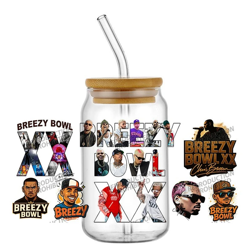 New Popular Singer Chris Brown Transfer 3D Sticker UV DTF For 16oz Libbey Glass Cup Collection Can Mug Wraps Tumbler Decals view 3