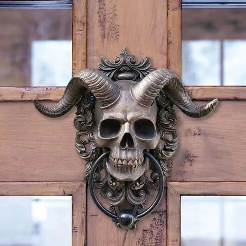 Vintage Sheep Head Skull Door Knocker Baphomet Horned God Resin Statue Gothic Front Door Handle Pulls