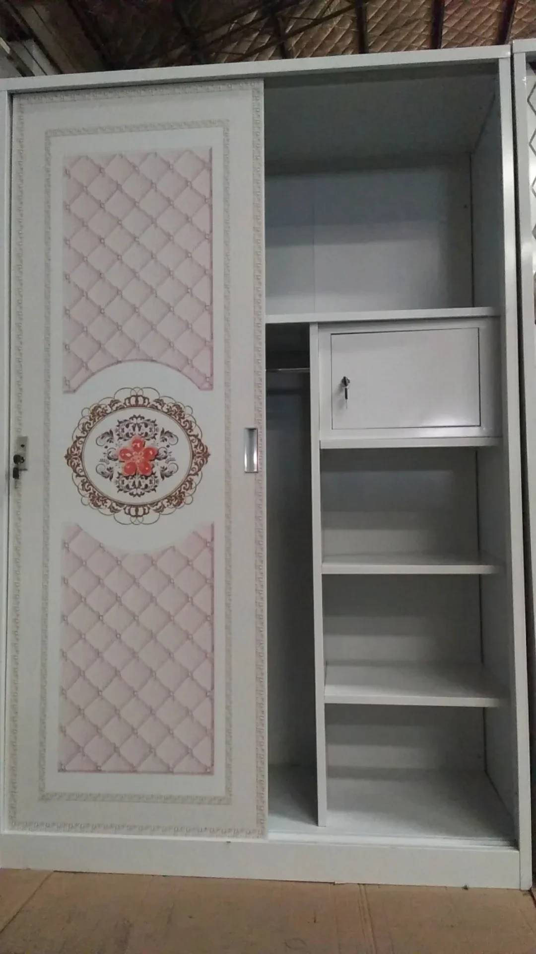 

A Bedroom White Closet Furniture Printing Sliding Door Metal Wardrobe Steel Clothes Storage Wardrobe Cabinet