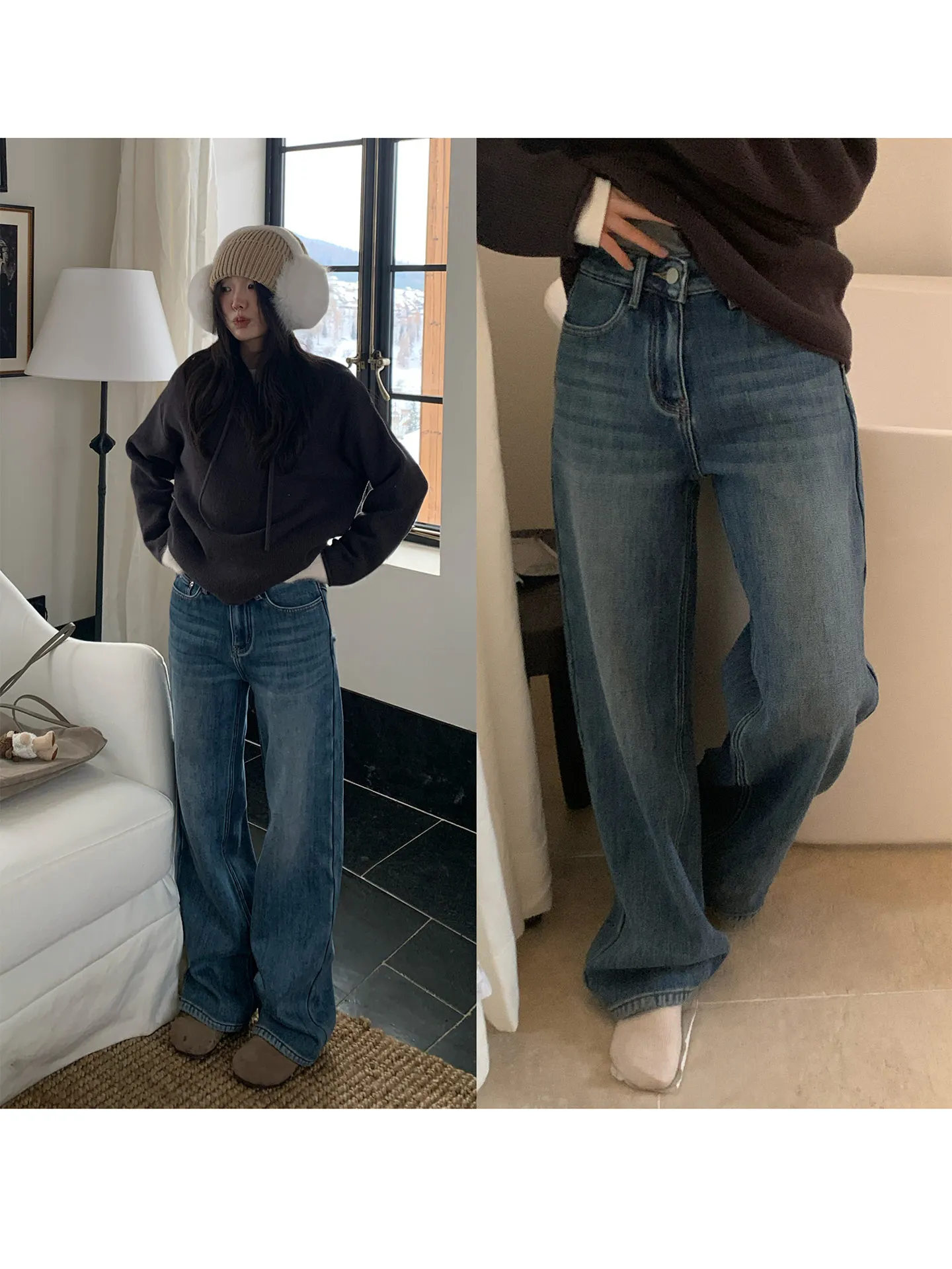 

Женские прямые джинсы Thiened Fce, зимние теплые широкие брюки с низкой талией на молнии, однотонные, синие, Bla