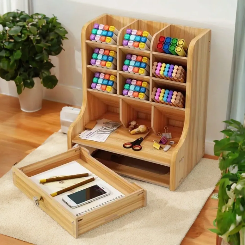 Large-Capacity Wooden Desk Organizer Pen Holder for Cosmetics, School, and Office - Perfect Student Stationery Box Wooden box