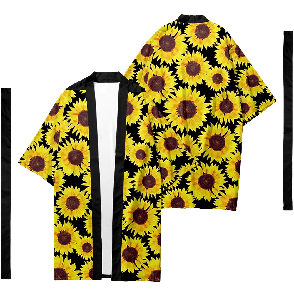 

Men's Japanese Traditional Ethnic Long Kimono Cardigan Women's Kimono Sunflower Pattern Kimono Shirt Yukata Jacket 01